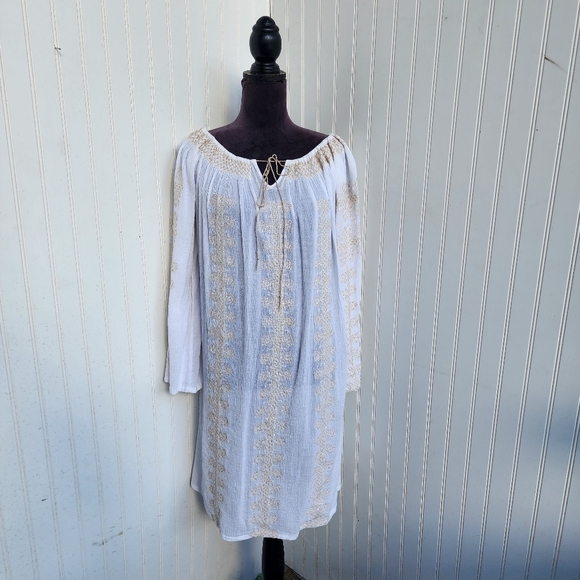 SCOOP NYC White Gauze Embroidered Tie Dress Lighweight Beach Cover Up Cotton OS - Picture 1 of 12